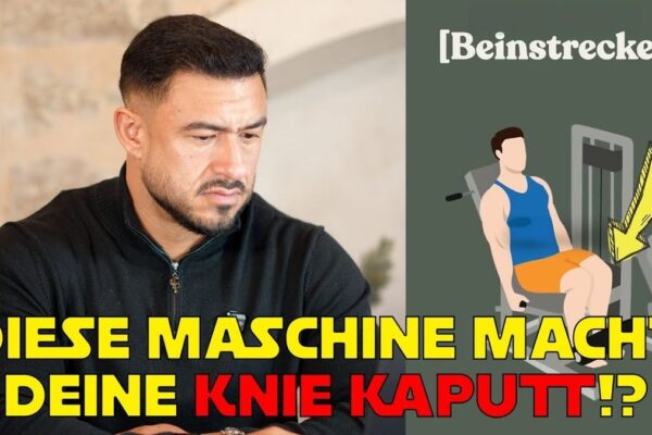 Vorschaubild für das Video "Vorsicht!? Die Maschine die Knie kaputt macht!?" vom Kanal Iron Mike Bodybuilding. Ein Mann in Sportkleidung zeigt besorgt auf eine Fitnessgerät, das möglicherweise schädlich für die Knie sein könnte.