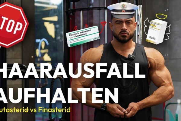 Thumbnail image for the video "Wunderwaffe gegen Haarausfall? Dutasterid VS Finasterid" from Iron Mike Bodybuilding channel, featuring a split image with Dutasterid on one side and Finasterid on the other, highlighting a comparison between the two hair loss treatments.