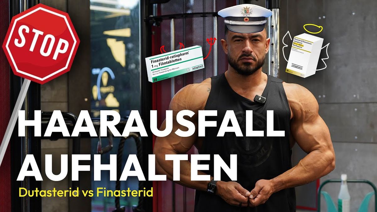 Thumbnail image for the video "Wunderwaffe gegen Haarausfall? Dutasterid VS Finasterid" from Iron Mike Bodybuilding channel, featuring a split image with Dutasterid on one side and Finasterid on the other, highlighting a comparison between the two hair loss treatments.