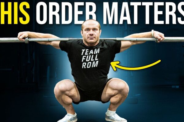 A muscular man performing a squat with a barbell in a gym setting, showcasing proper form and intensity, with the title "The Best Way to Structure Leg Day for Maximum Growth" displayed prominently.