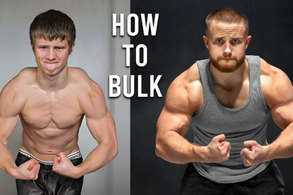 Thumbnail for Jeff Nippard's video "How To Bulk Like A Pro (Using Science)" featuring Jeff flexing his arm muscles, with text overlay highlighting key points about effective bulking strategies using scientific principles.