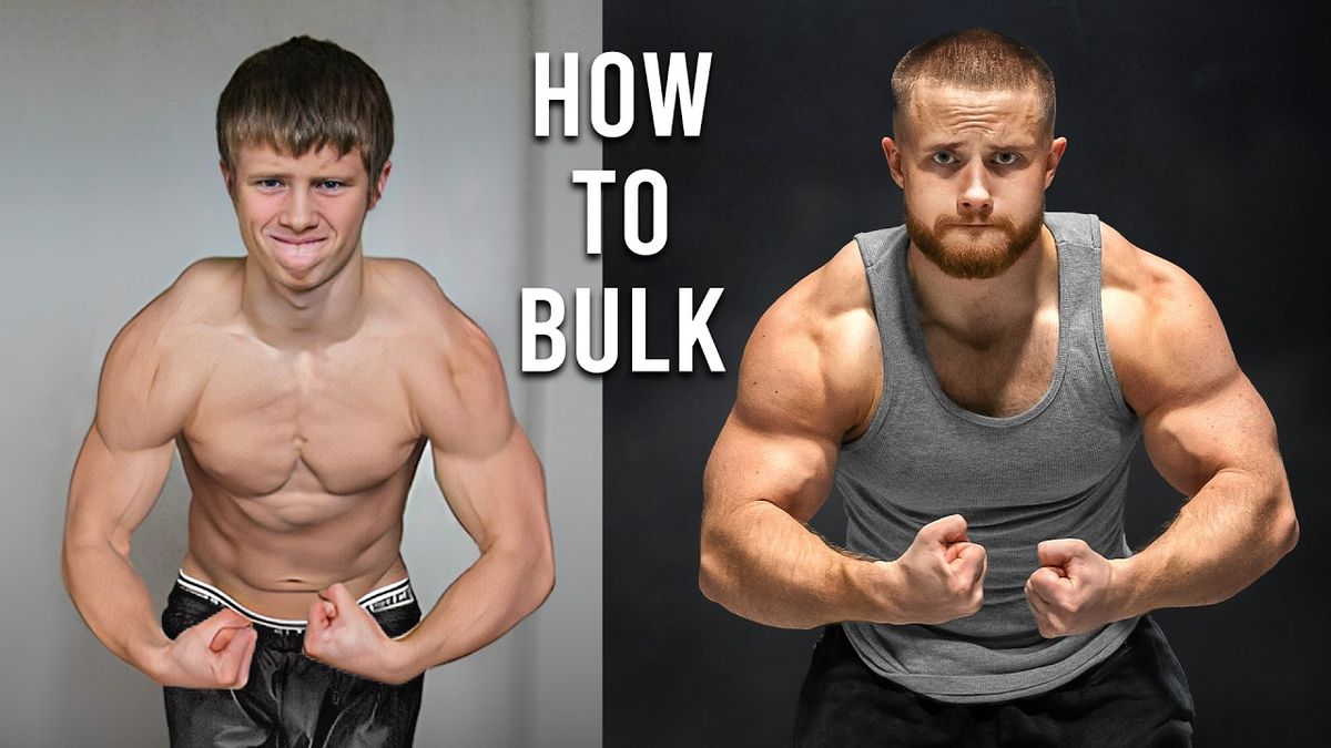 Thumbnail for Jeff Nippard's video "How To Bulk Like A Pro (Using Science)" featuring Jeff flexing his arm muscles, with text overlay highlighting key points about effective bulking strategies using scientific principles.