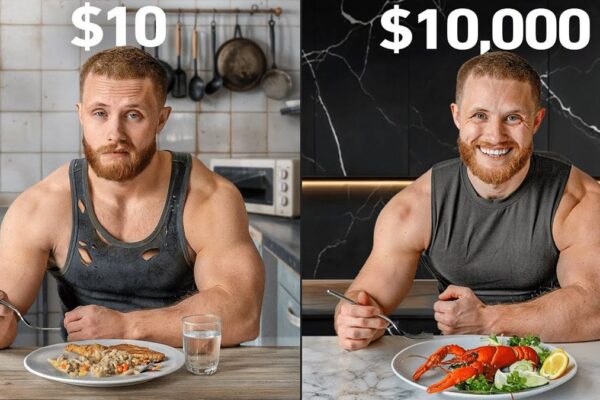 A split image showing Jeff Nippard on the left lifting weights in a budget gym setting and on the right in a luxury gym with high-end equipment.