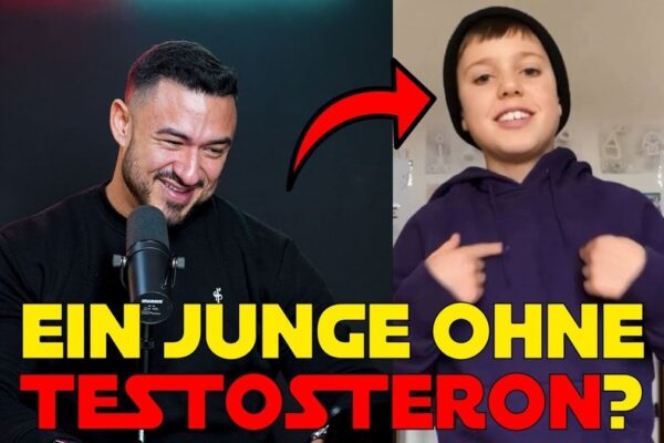 Ein junger Mann im Fitnessstudio hebt Gewichte, umgeben von Trainingsgeräten. Der Titel des Videos "Testosteron vom Arzt mit 14 Jahren?" ist über dem Bild eingeblendet.