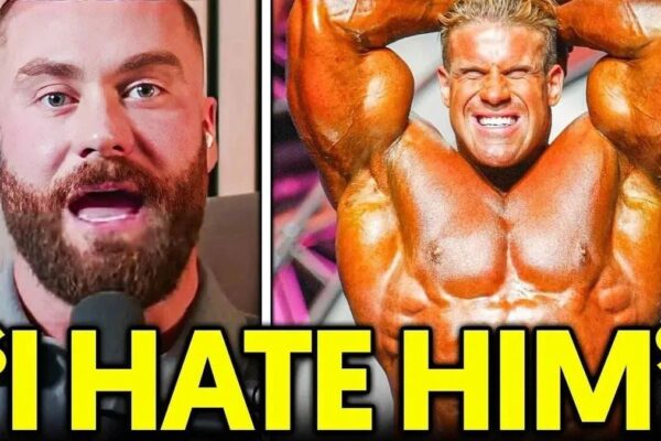 A muscular Chris Bumstead intensely staring forward, with bold text overlay reading "Chris Bumstead Says He HATES Jay Cutler" against a dynamic gym background.